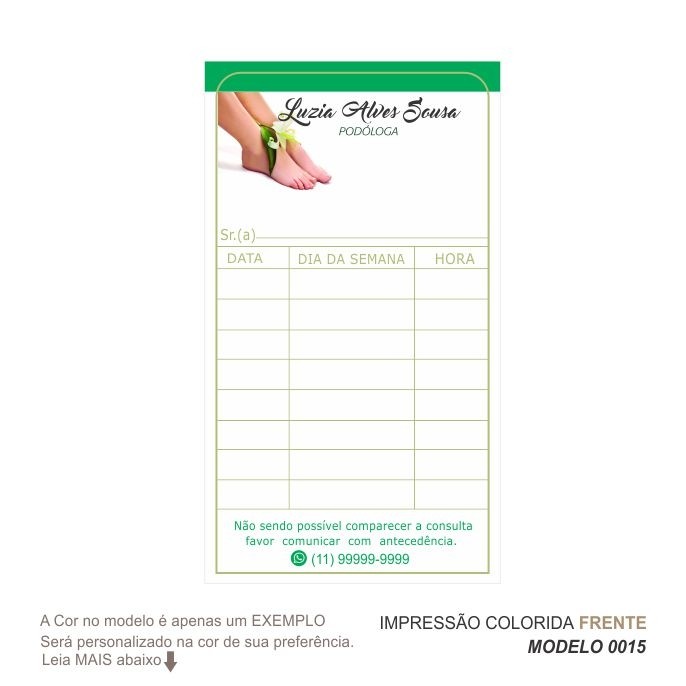 Cartão para marcação de retorno modelo Podologia - 9x5 cm - Papel 180gr - Pacote com 100 unidades Cod: 0015
