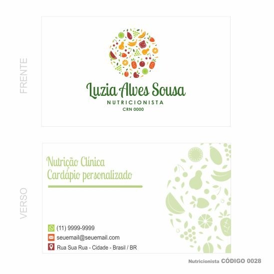 Cartões de visita modelo nutricionista - Colorido Frente e Verso - Couchê 250gr - 1000 un - Cod: 0028