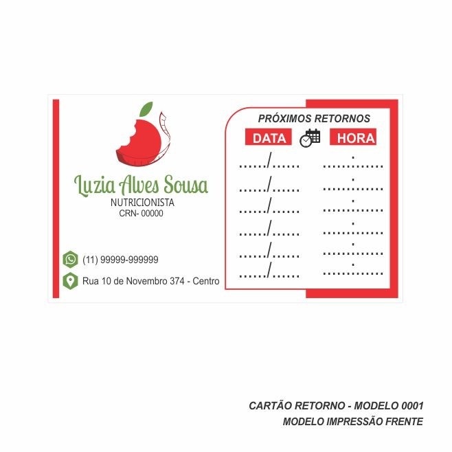 Cartão de Retorno Modelo Nutricionista - Colorido Frente - 9x5 cm - Pacote com 100 un - Papel 180gr - Cod: 0001
