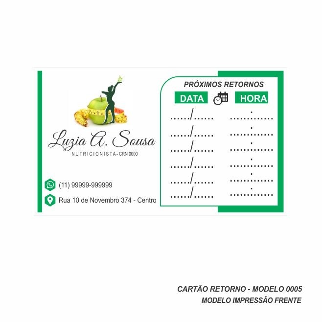 Cartão de Retorno Modelo Nutricionista - Colorido Frente - 9x5 cm - Pacote com 100 un - Papel 180gr - Cod: 0005