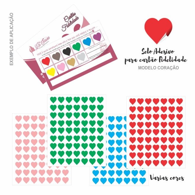  Adesivo selo para Cartão Fidelidade Vinil Adesivo - tamanho 1x1cm - Modelo Coração - Cartela com 42 unidades