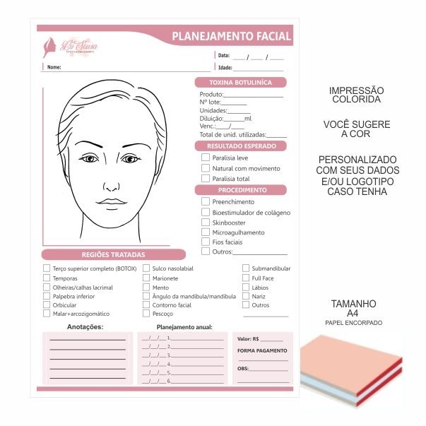 Formulário planejamento facial + Verso termo consentimento - TM A4 - - offset 90gr - 50fls cada 