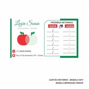 Cartão de Retorno Modelo Nutricionista - Colorido Frente - 9x5 cm - Pacote com 100 un - Papel 180gr - Cod: 0011
