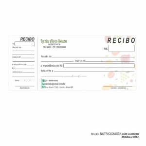 Recibo modelo Nutricionista - Colorido em papel offset 90gr - Cód: 0013