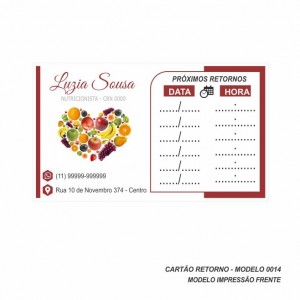 Cartão de Retorno Modelo Nutricionista - Colorido Frente - 9x5 cm - Pacote com 100 un - Papel 180gr - Cod: 0014
