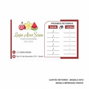 Cartão de Retorno Modelo Nutricionista - Colorido Frente - 9x5 cm - Pacote com 100 un - Papel 180gr - Cod: 0019
