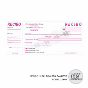 Recibo modelo Dentista - Colorido em papel offset 90gr - Cód: 0001