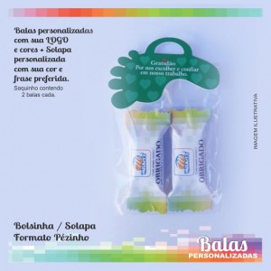 Bolsinha Formato Pézinho com Balas Personalizada para brindes.