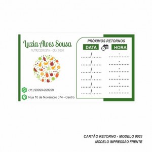Cartão de Retorno Modelo Nutricionista - Colorido Frente - 9x5 cm - Pacote com 100 un - Papel 180gr - Cod: 0021