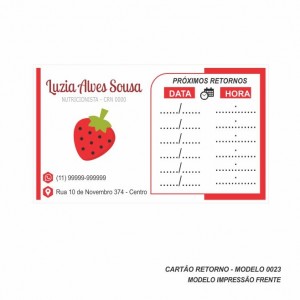 Cartão de Retorno Modelo Nutricionista - Colorido Frente - 9x5 cm - Pacote com 100 un - Papel 180gr - Cod: 0023
