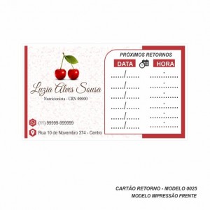 Cartão de Retorno Modelo Nutricionista - Colorido Frente - 9x5 cm - Pacote com 100 un - Papel 180gr - Cod: 0025