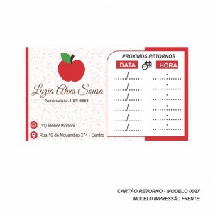 Cartão de Retorno Modelo Nutricionista - Colorido Frente - 9x5 cm - Pacote com 100 un - Papel 180gr - Cod: 0027