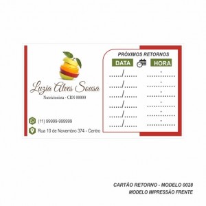 Cartão de Retorno Modelo Nutricionista - Colorido Frente - 9x5 cm - Pacote com 100 un - Papel 180gr - Cod: 0028