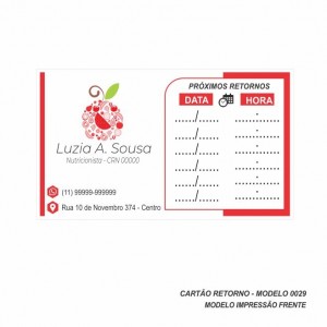 Cartão de Retorno Modelo Nutricionista - Colorido Frente - 9x5 cm - Pacote com 100 un - Papel 180gr - Cod: 0029