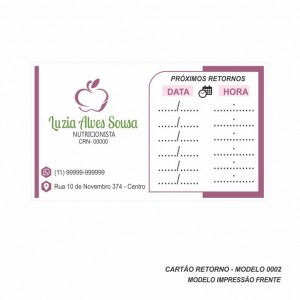 Cartão de Retorno Modelo Nutricionista - Colorido Frente - 9x5 cm - Pacote com 100 un - Papel 180gr - Cod: 0002