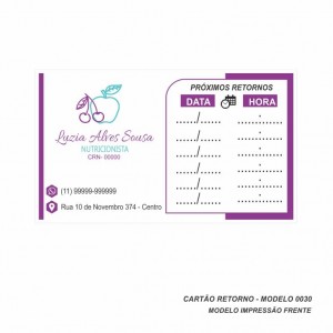 Cartão de Retorno Modelo Nutricionista - Colorido Frente - 9x5 cm - Papel 180gr - Cod: 0030