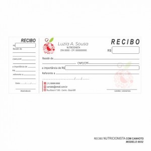 Recibo modelo Nutricionista - Colorido em papel offset 90gr - Cód: 0032