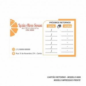 Cartão de Retorno Modelo Nutricionista - Colorido Frente - 9x5 cm - Pacote com 100 un - Papel 180gr - Cod: 0006