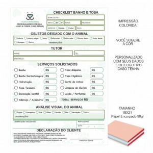 Checklist Banho e Tosa Personalizado - Colorido em papel offset 90gr - 15x21 cm