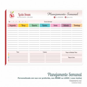 Bloco Planejamento semanal Nutricionista - Colorido em papel offset 90gr - Tamanho A4 - codigo 0002